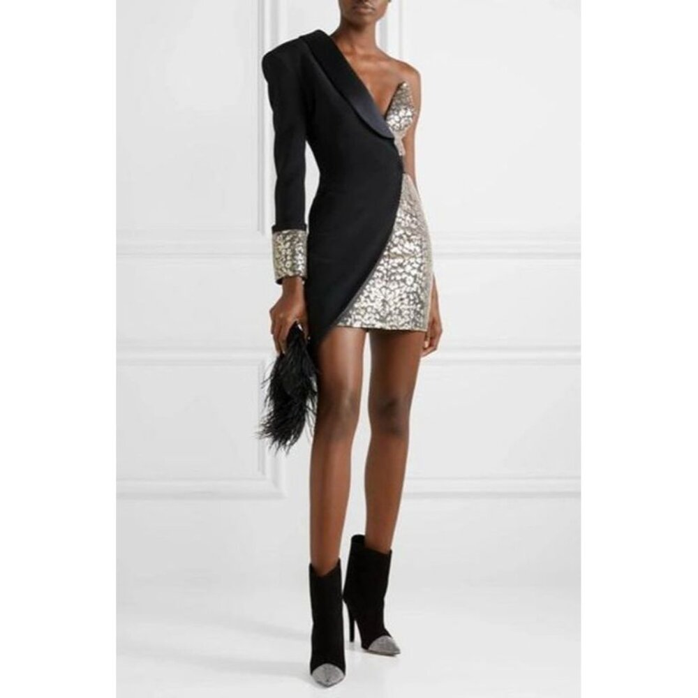 NWT $5735 Redemption One Sleeve Layered Embellished Satin Mini Dress Black Sz 8